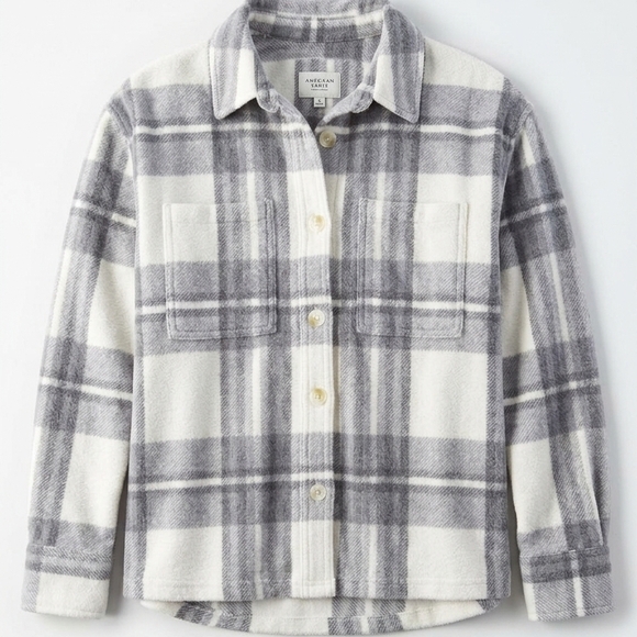 American Eagle Outfitters Dresses & Skirts - American Eagle Plaid Oversized Flannel Shirt Grey/White XS Excellent Condition